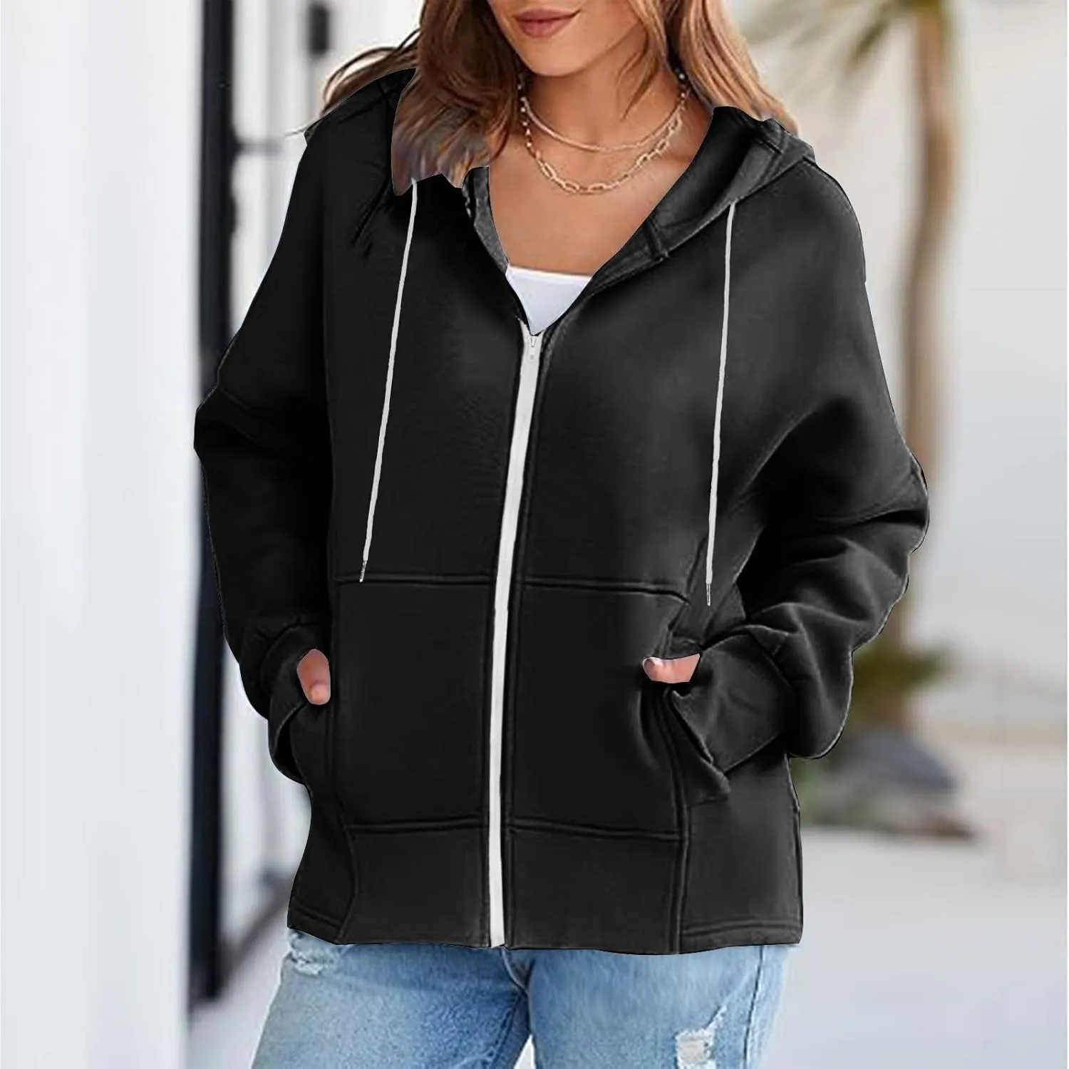 Women's Fashion Oversized Hoodie Long Sleeve Fleece Sweatshirt Full Zip Thumb Hole Pullover Pocket Casual Coat Tops