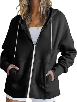 Women's Fashion Oversized Hoodie Long Sleeve Fleece Sweatshirt Full Zip Thumb Hole Pullover Pocket Casual Coat Tops