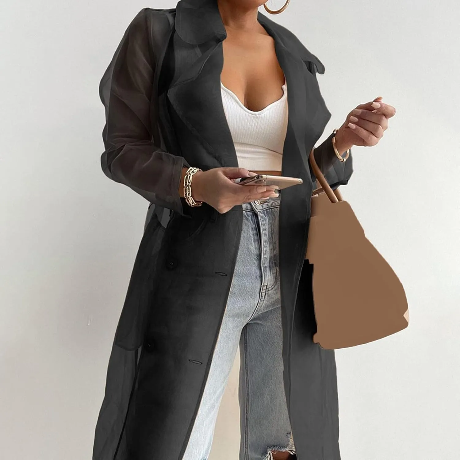 Women's Fashion See Through Trench Coat Summer Spring Solid Sheer Mesh Long Sleeve Button Coat Cardigan Long Jacket Black L