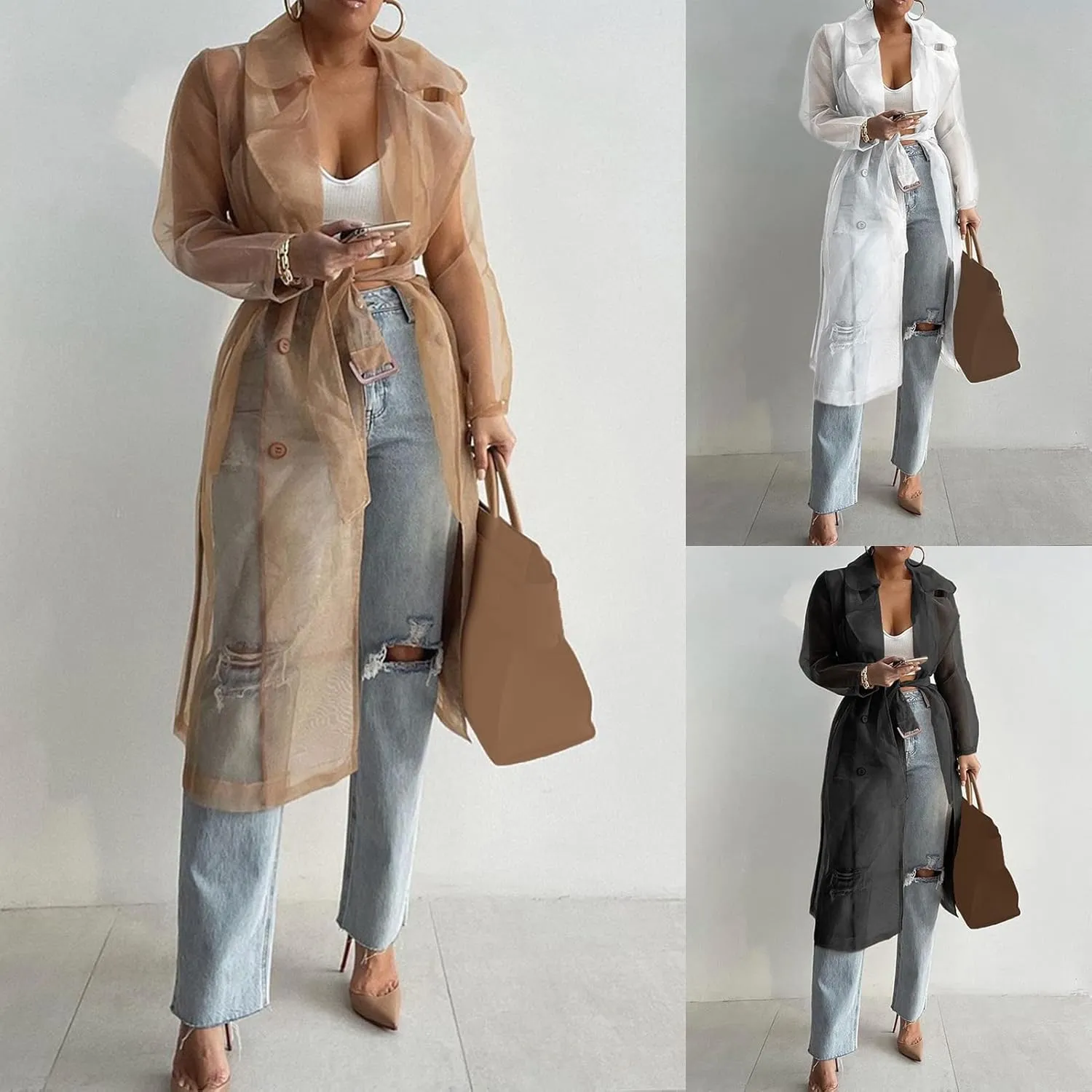 Women's Fashion See Through Trench Coat Summer Spring Solid Sheer Mesh Long Sleeve Button Coat Cardigan Long Jacket Black L