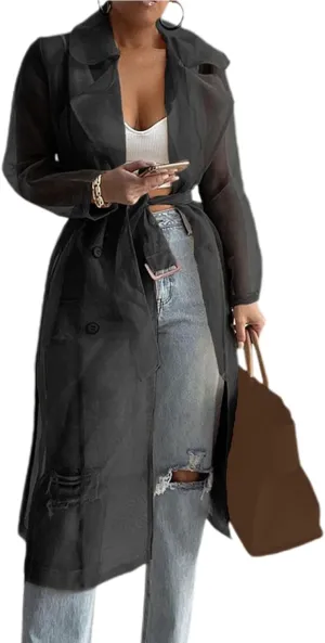 Women's Fashion See Through Trench Coat Summer Spring Solid Sheer Mesh Long Sleeve Button Coat Cardigan Long Jacket Black L