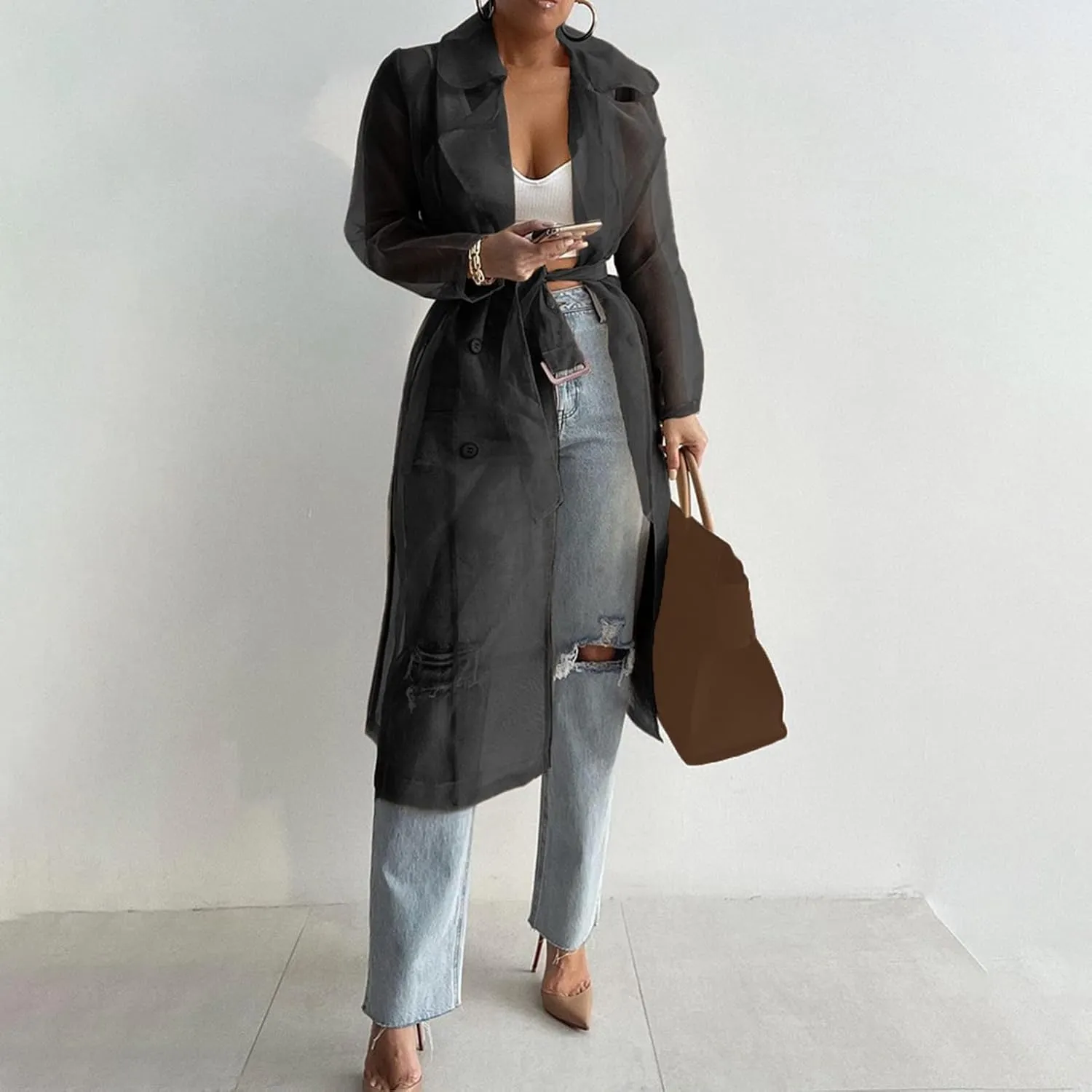 Women's Fashion See Through Trench Coat Summer Spring Solid Sheer Mesh Long Sleeve Button Coat Cardigan Long Jacket Black L