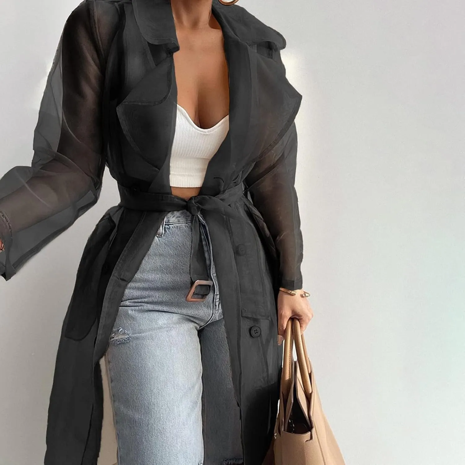Women's Fashion See Through Trench Coat Summer Spring Solid Sheer Mesh Long Sleeve Button Coat Cardigan Long Jacket Black L