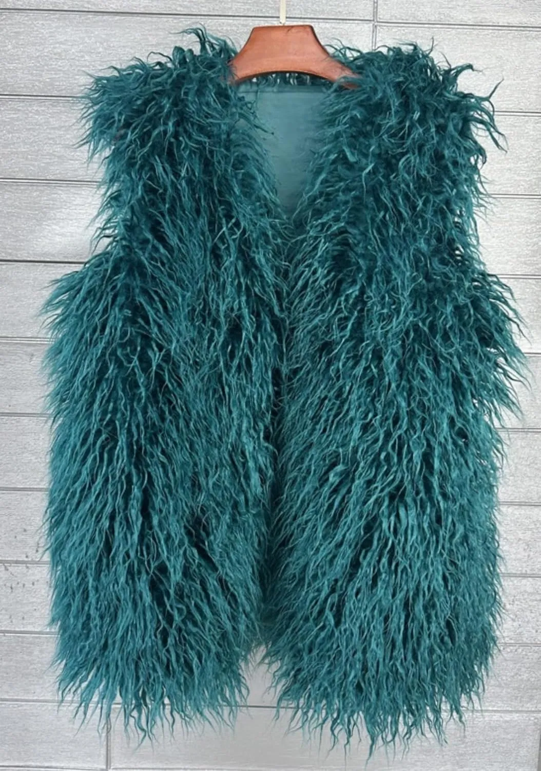 Women's Faux Fur Long Waistcoat,Warm Fluffy Emerald Green Vests Stylish Jackets Coat