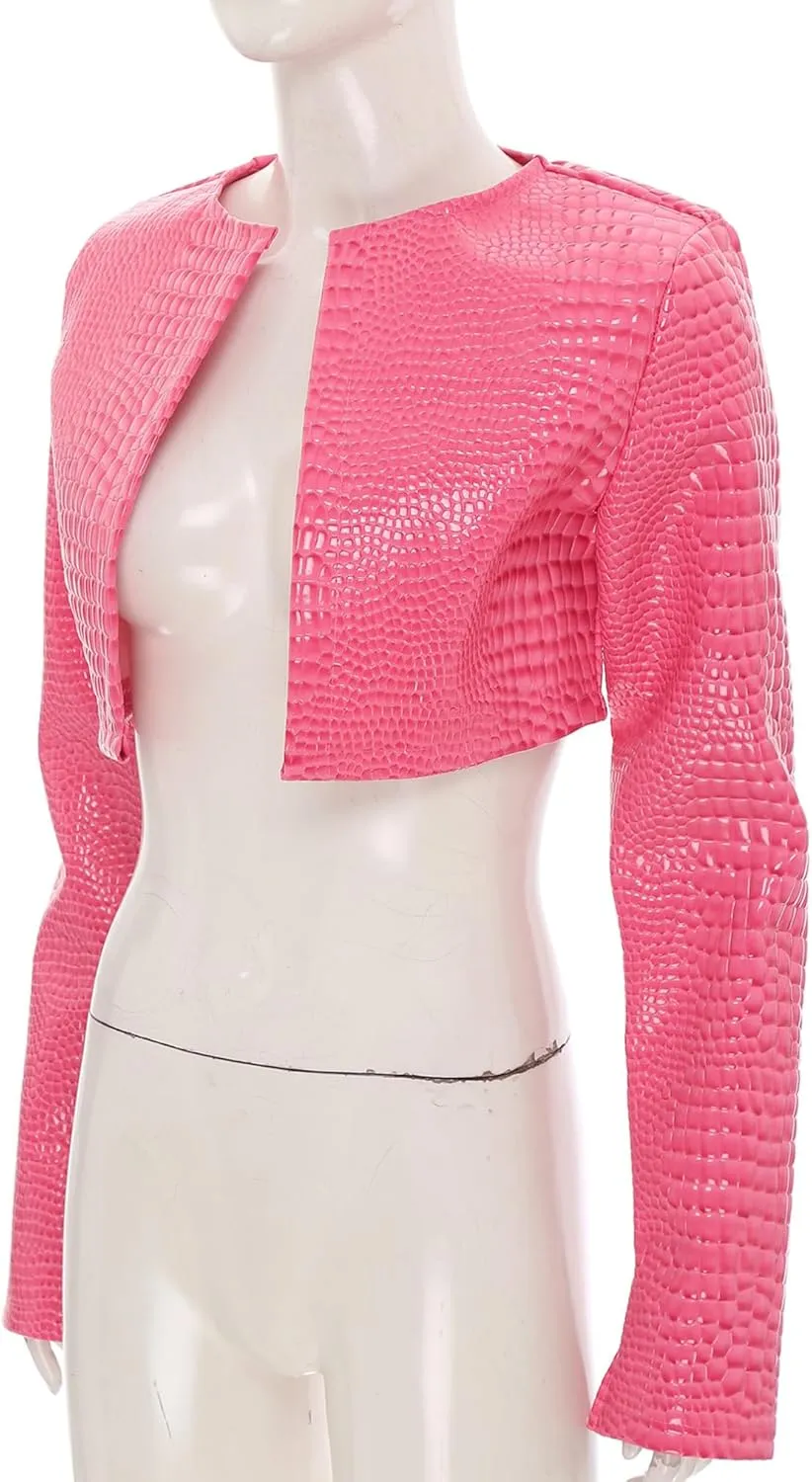 Womens Faux Leather Snakeskin Print Jackets Moto Biker Open Front Crop Blazer Cardigan