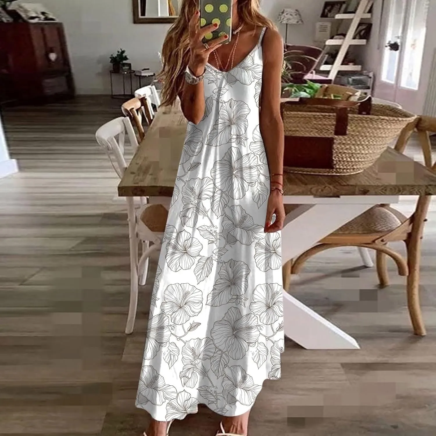 Womens Floral Maxi Dresses Spaghetti Strap Casual Summer Long Dress Vneck Flowy Boho Beach Sundress Vacation Outfits