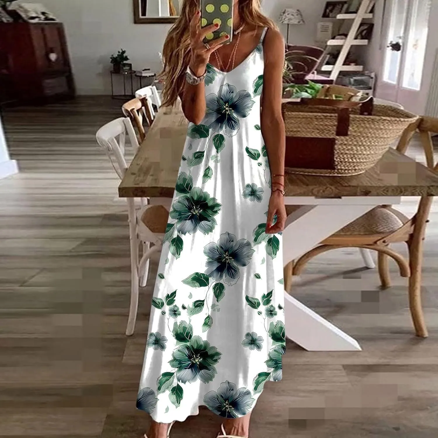 Womens Floral Maxi Dresses Spaghetti Strap Casual Summer Long Dress Vneck Flowy Boho Beach Sundress Vacation Outfits