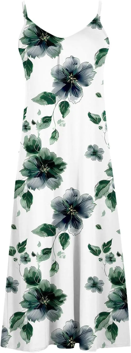 Womens Floral Maxi Dresses Spaghetti Strap Casual Summer Long Dress Vneck Flowy Boho Beach Sundress Vacation Outfits