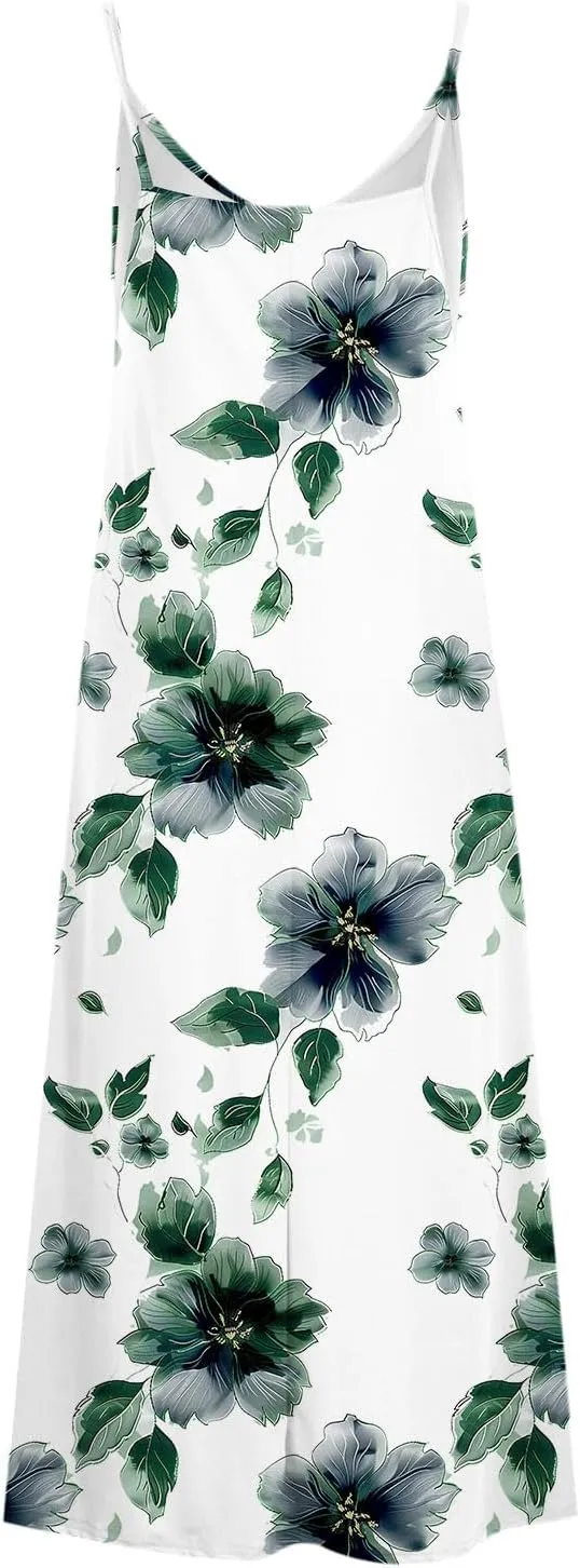 Womens Floral Maxi Dresses Spaghetti Strap Casual Summer Long Dress Vneck Flowy Boho Beach Sundress Vacation Outfits