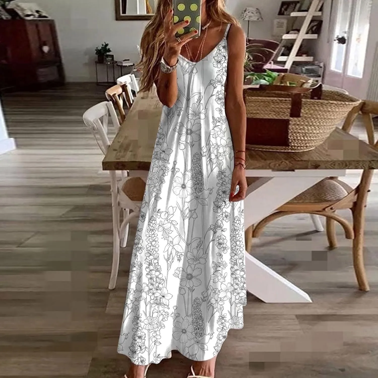 Womens Floral Maxi Dresses Spaghetti Strap Casual Summer Long Dress Vneck Flowy Boho Beach Sundress Vacation Outfits