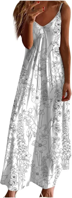 Womens Floral Maxi Dresses Spaghetti Strap Casual Summer Long Dress Vneck Flowy Boho Beach Sundress Vacation Outfits