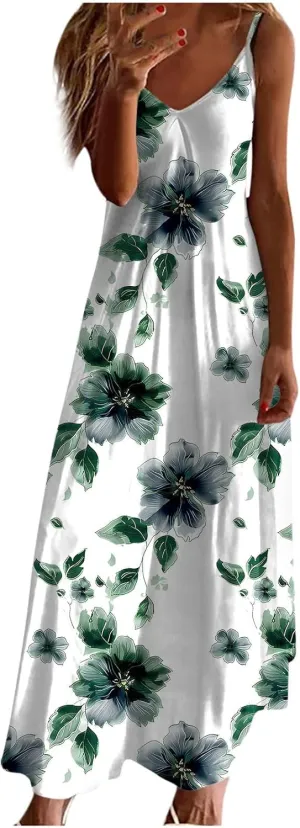 Womens Floral Maxi Dresses Spaghetti Strap Casual Summer Long Dress Vneck Flowy Boho Beach Sundress Vacation Outfits