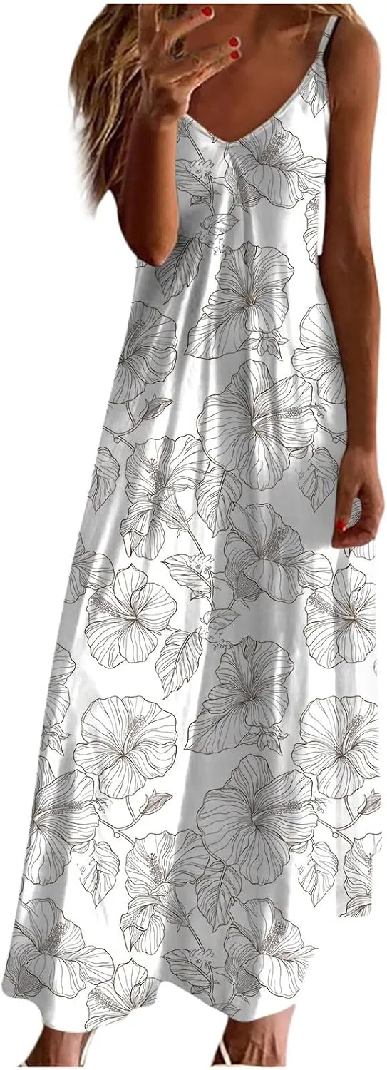 Womens Floral Maxi Dresses Spaghetti Strap Casual Summer Long Dress Vneck Flowy Boho Beach Sundress Vacation Outfits