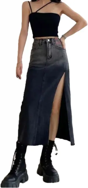 Women's High-Waisted Mid-Length Denim Skirt Side Slits Vintage Skirt