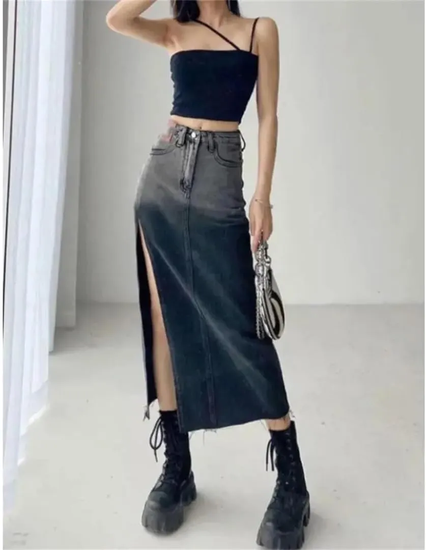 Women's High-Waisted Mid-Length Denim Skirt Side Slits Vintage Skirt