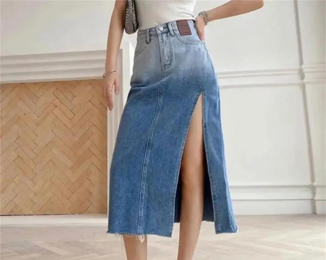 Women's High-Waisted Mid-Length Denim Skirt Side Slits Vintage Skirt