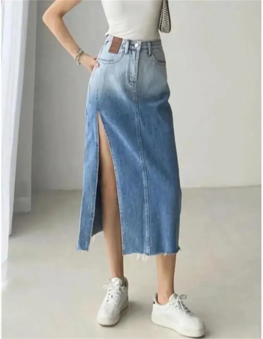 Women's High-Waisted Mid-Length Denim Skirt Side Slits Vintage Skirt