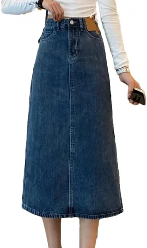 Women's High Waisted Side Split Denim Skirt Mid Length with Pockets A Line Skirt