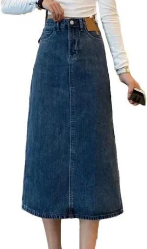 Women's High Waisted Side Split Denim Skirt Mid Length with Pockets A Line Skirt