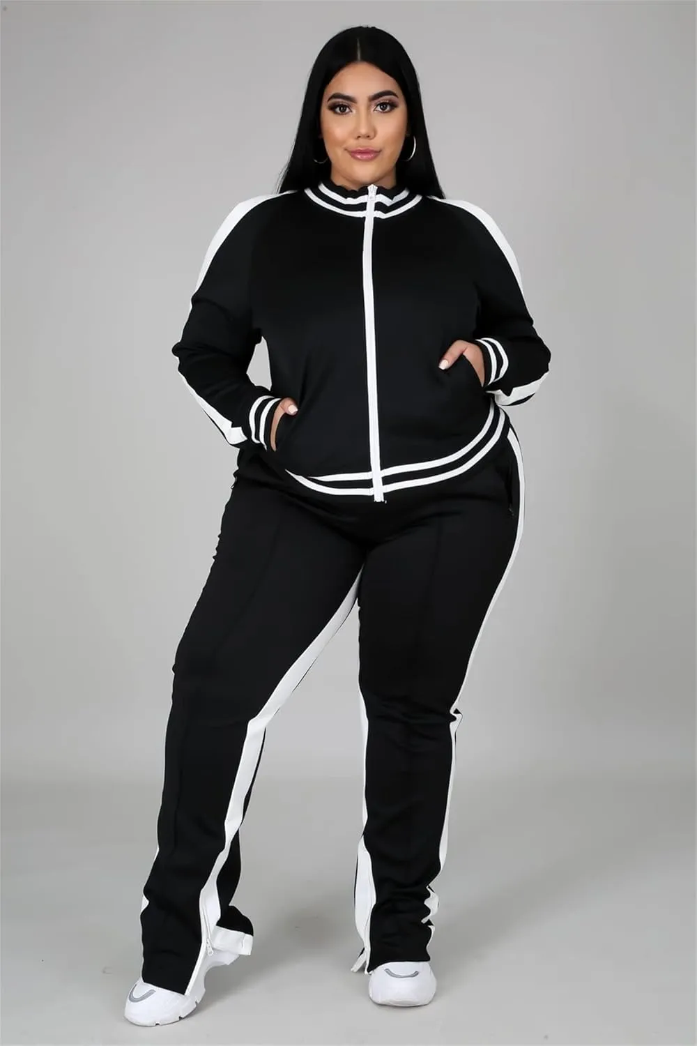 Womens Jogging Suits Plus Size Tracksuit Stripe Jackets Sweatpants 2 Piece Sweatsuits Set