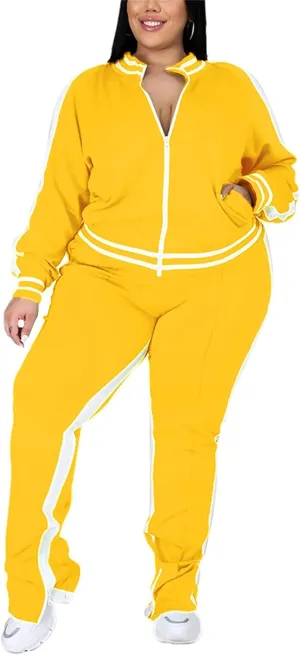 Womens Jogging Suits Plus Size Tracksuit Stripe Jackets Sweatpants 2 Piece Sweatsuits Set