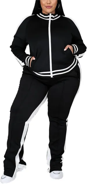 Womens Jogging Suits Plus Size Tracksuit Stripe Jackets Sweatpants 2 Piece Sweatsuits Set