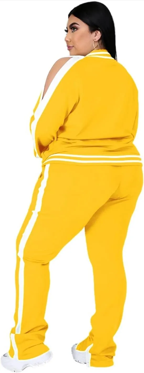 Womens Jogging Suits Plus Size Tracksuit Stripe Jackets Sweatpants 2 Piece Sweatsuits Set