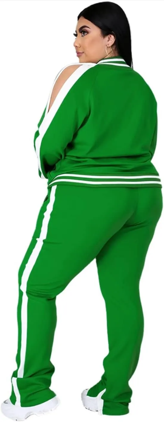 Womens Jogging Suits Plus Size Tracksuit Stripe Jackets Sweatpants 2 Piece Sweatsuits Set