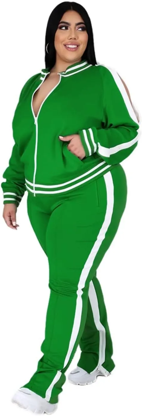 Womens Jogging Suits Plus Size Tracksuit Stripe Jackets Sweatpants 2 Piece Sweatsuits Set