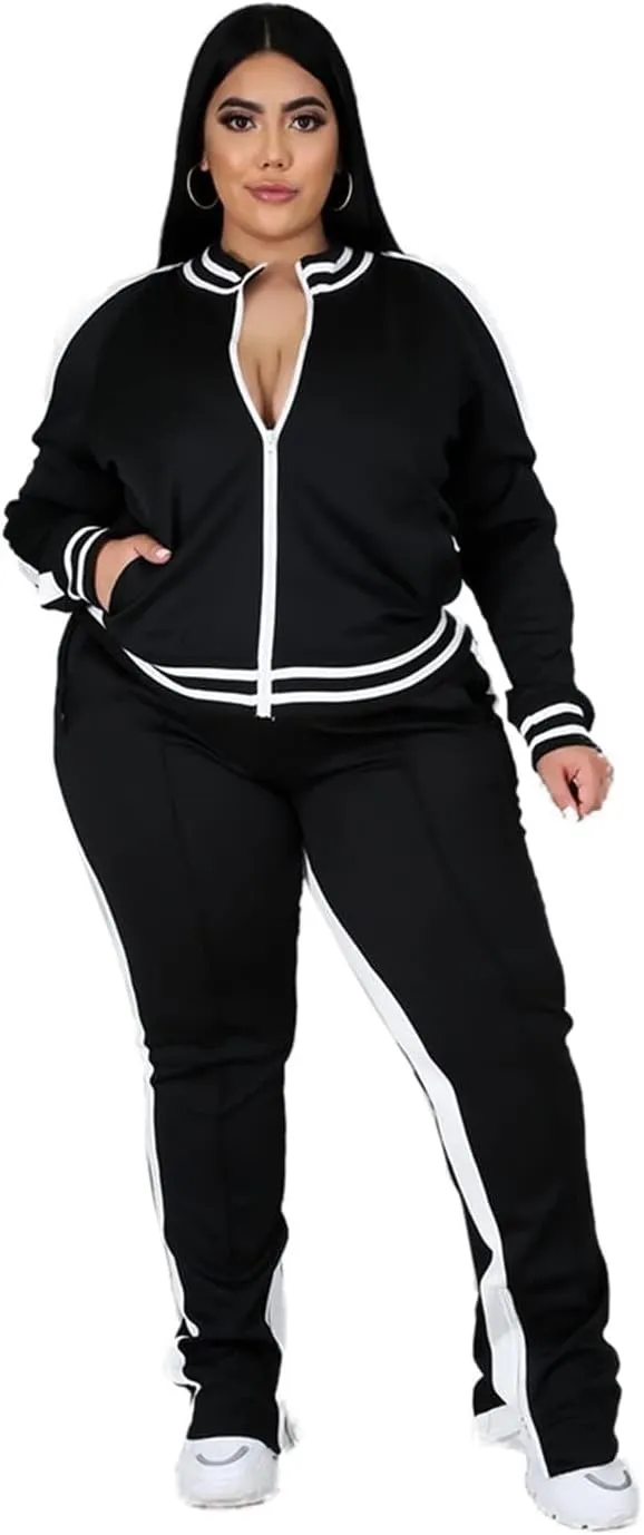 Womens Jogging Suits Plus Size Tracksuit Stripe Jackets Sweatpants 2 Piece Sweatsuits Set