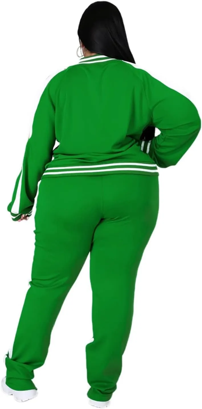 Womens Jogging Suits Plus Size Tracksuit Stripe Jackets Sweatpants 2 Piece Sweatsuits Set