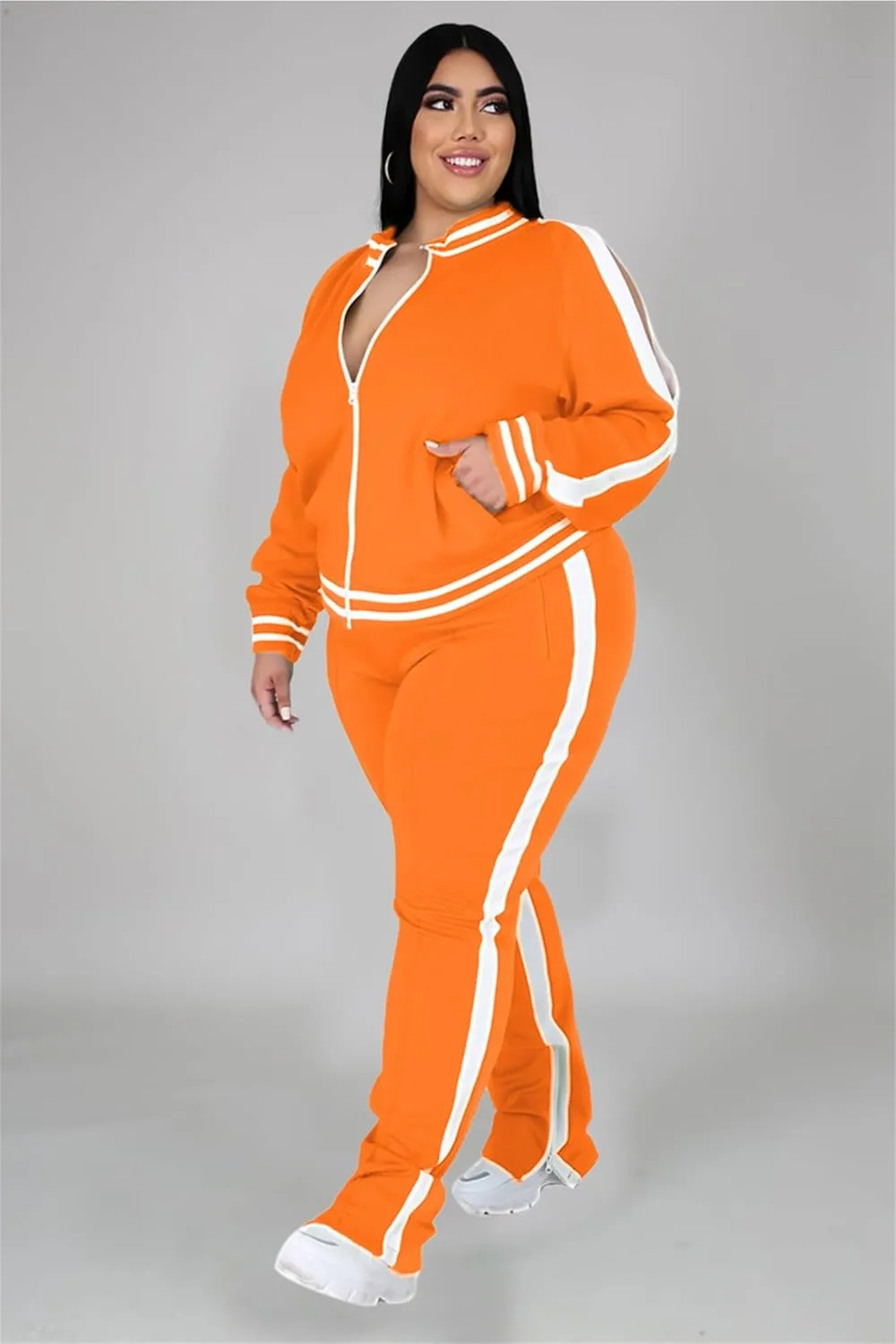 Womens Jogging Suits Plus Size Tracksuit Stripe Jackets Sweatpants 2 Piece Sweatsuits Set