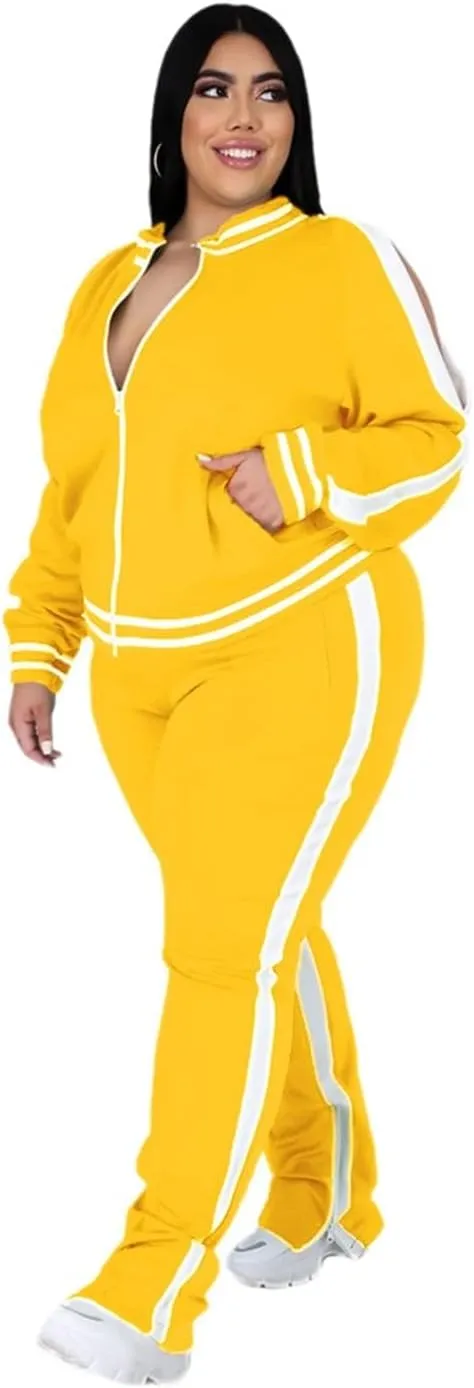Womens Jogging Suits Plus Size Tracksuit Stripe Jackets Sweatpants 2 Piece Sweatsuits Set