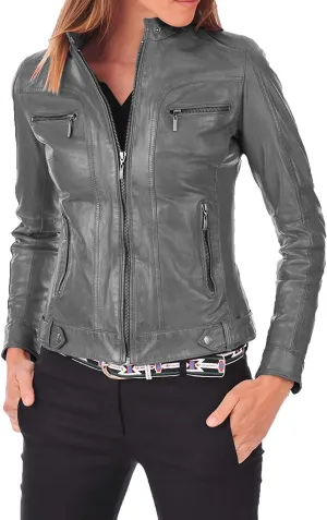 Women's Lambskin Real Leather Stylish Jacket Biker Motorcycle Slim Fit Coat Grey WJ016