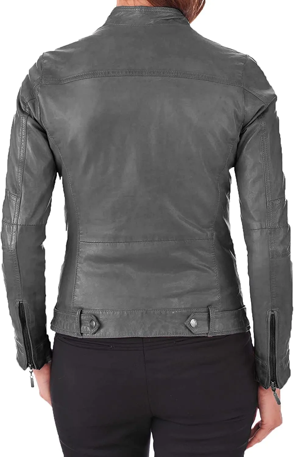 Women's Lambskin Real Leather Stylish Jacket Biker Motorcycle Slim Fit Coat Grey WJ016