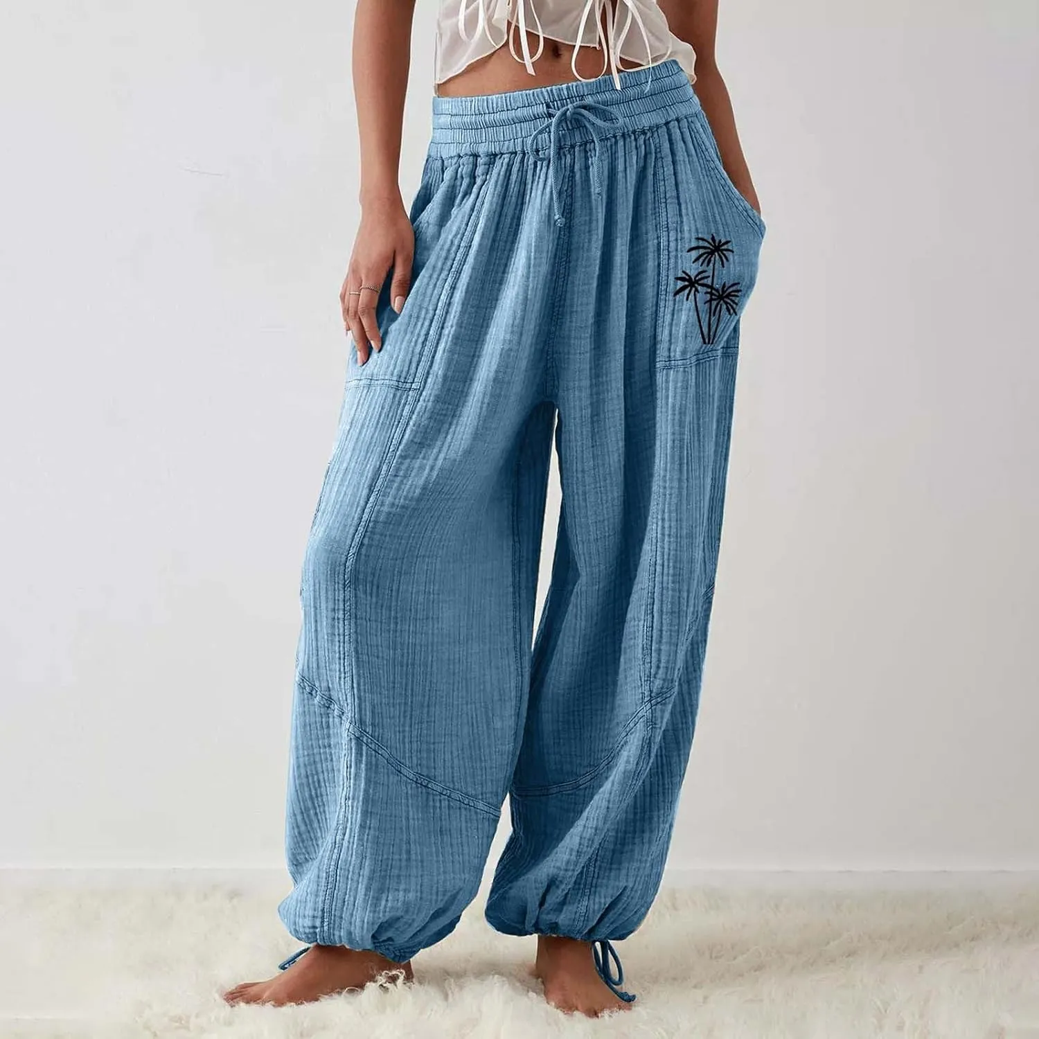 Women's Lightweight Oversized Baggy Pants Trendy High Waist Breathable Pleated Trouser Beach Playing Casual Sweatpant