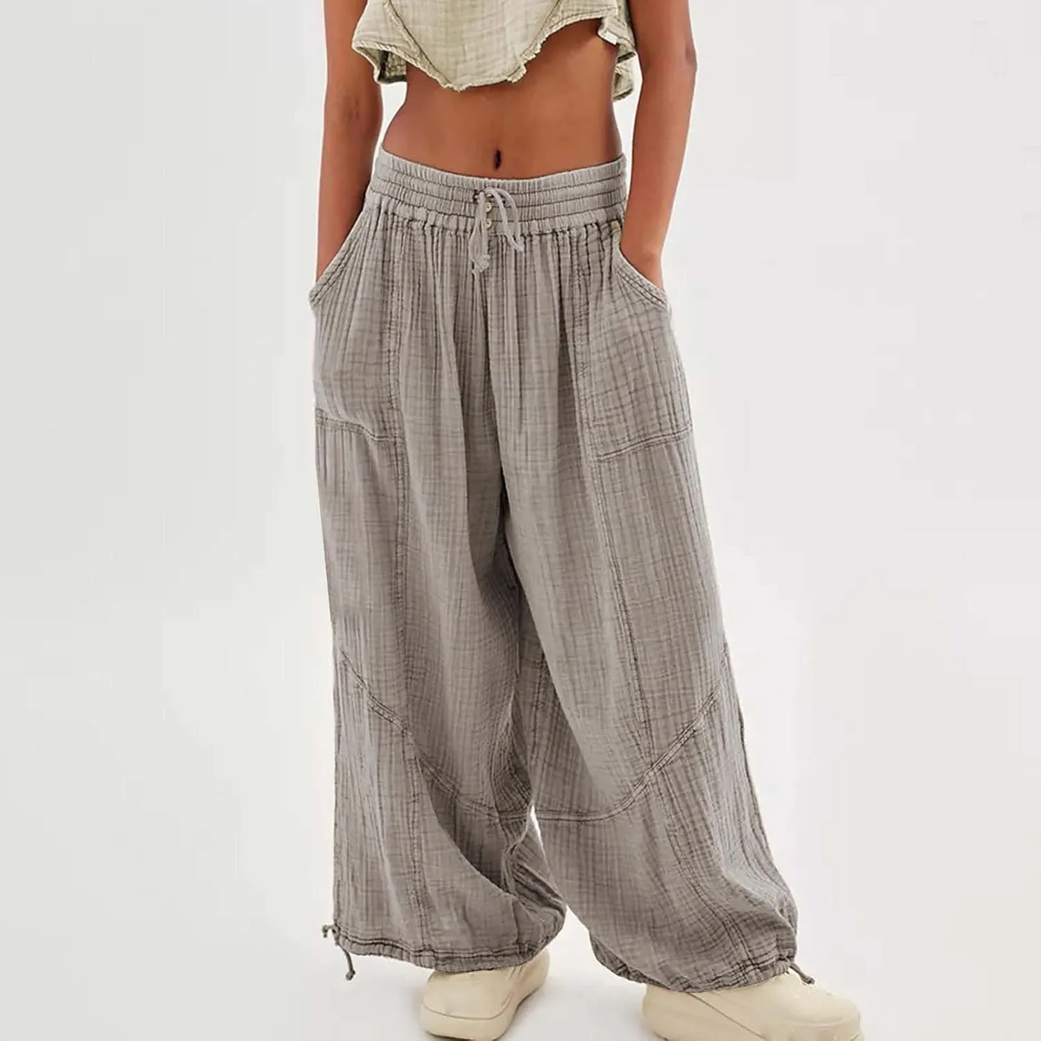 Women's Lightweight Oversized Baggy Pants Trendy High Waist Breathable Pleated Trouser Beach Playing Casual Sweatpant
