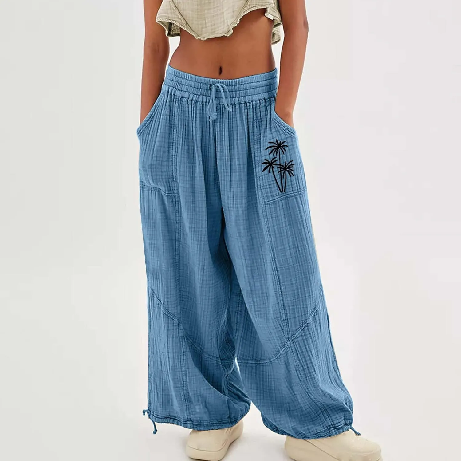 Women's Lightweight Oversized Baggy Pants Trendy High Waist Breathable Pleated Trouser Beach Playing Casual Sweatpant