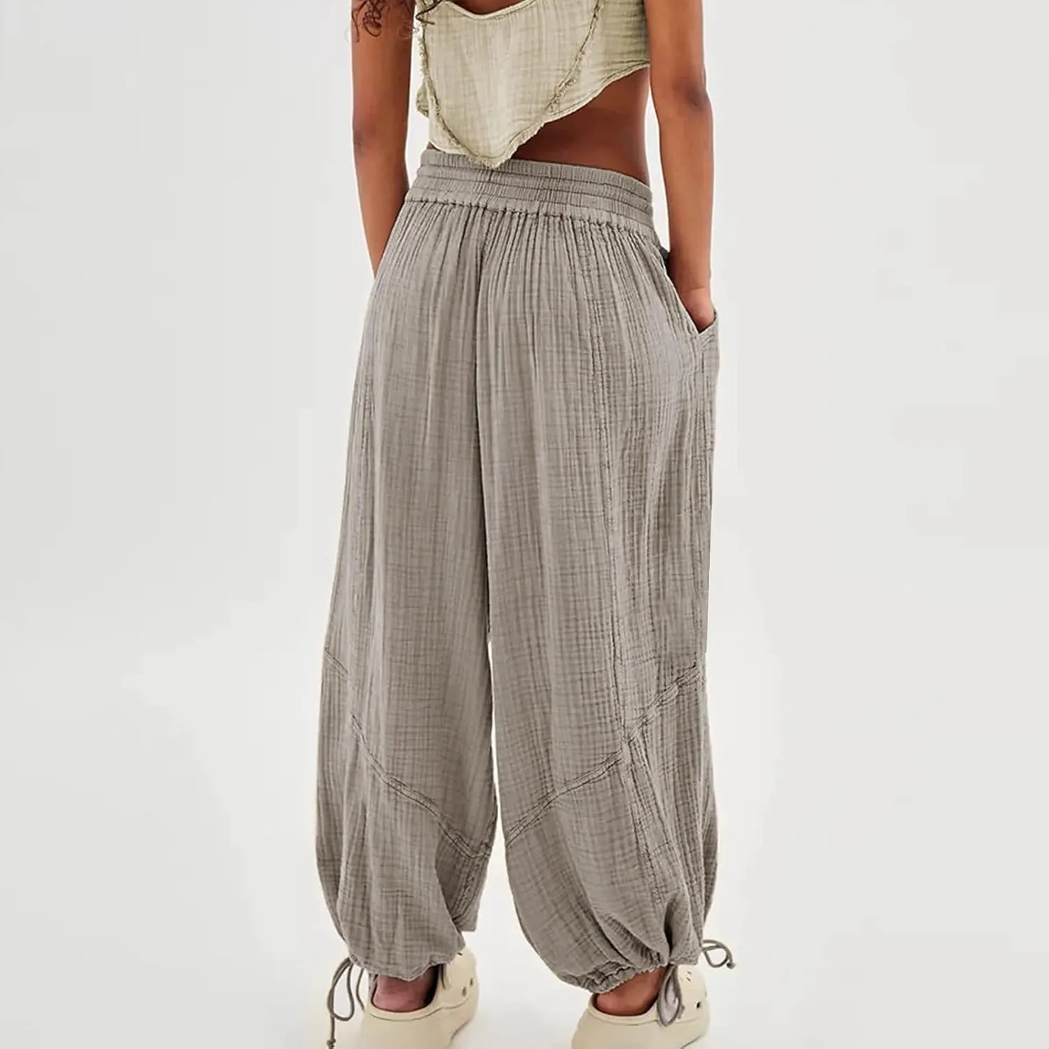 Women's Lightweight Oversized Baggy Pants Trendy High Waist Breathable Pleated Trouser Beach Playing Casual Sweatpant