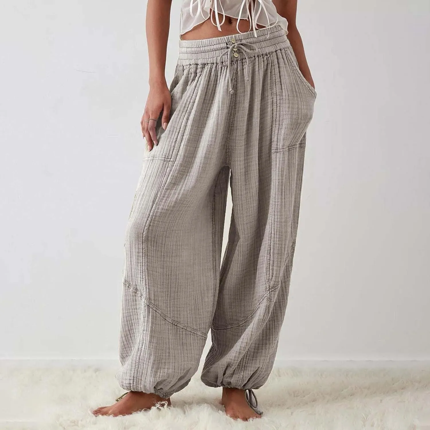 Women's Lightweight Oversized Baggy Pants Trendy High Waist Breathable Pleated Trouser Beach Playing Casual Sweatpant