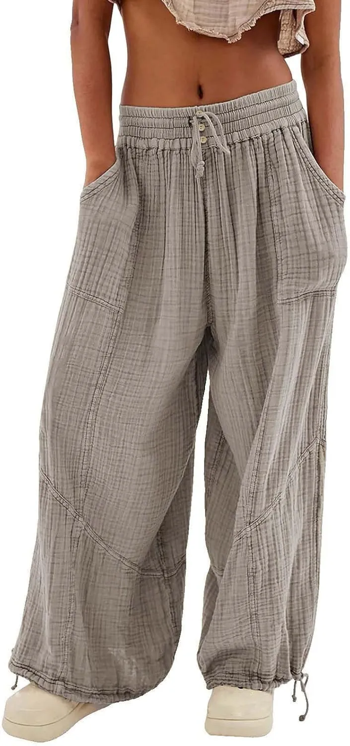 Women's Lightweight Oversized Baggy Pants Trendy High Waist Breathable Pleated Trouser Beach Playing Casual Sweatpant