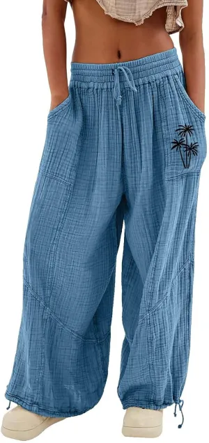 Women's Lightweight Oversized Baggy Pants Trendy High Waist Breathable Pleated Trouser Beach Playing Casual Sweatpant
