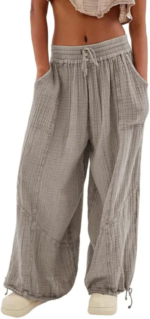 Women's Lightweight Oversized Baggy Pants Trendy High Waist Breathable Pleated Trouser Beach Playing Casual Sweatpant