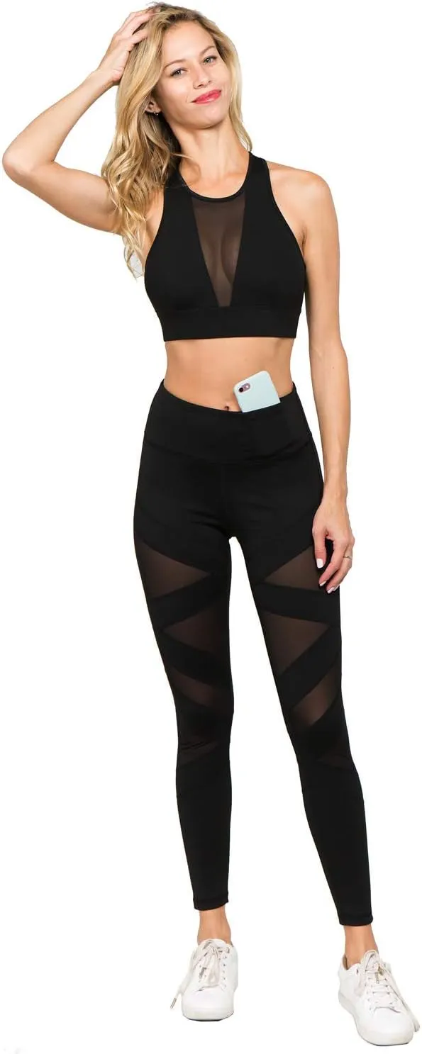 Women's Mesh Leggings 4-Way Strech Stylish Activewear High Waist Workout Pants with Pockets