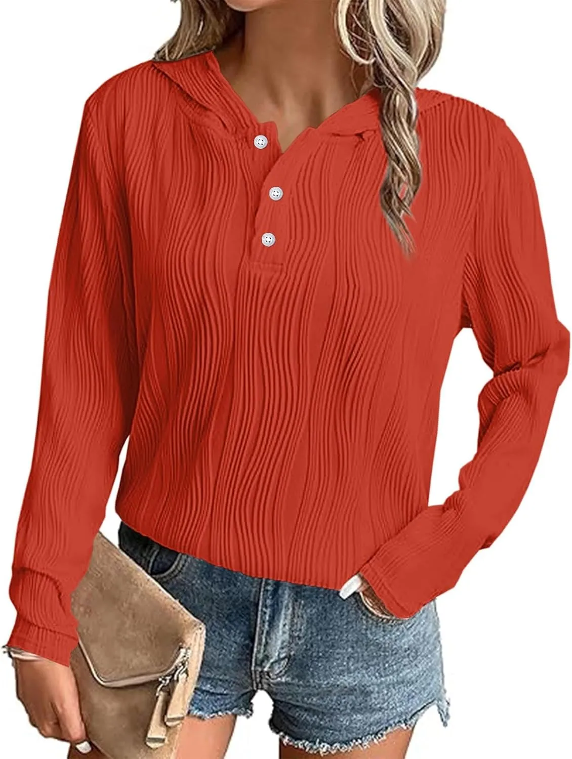 Women's Oversized Hoodies Casual Long Sleeve Button Collar Hooded Sweatshirts Fashion Solid Color Pullover Tops