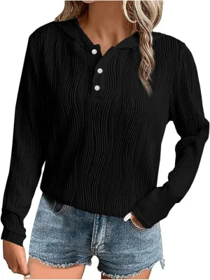 Women's Oversized Hoodies Casual Long Sleeve Button Collar Hooded Sweatshirts Fashion Solid Color Pullover Tops