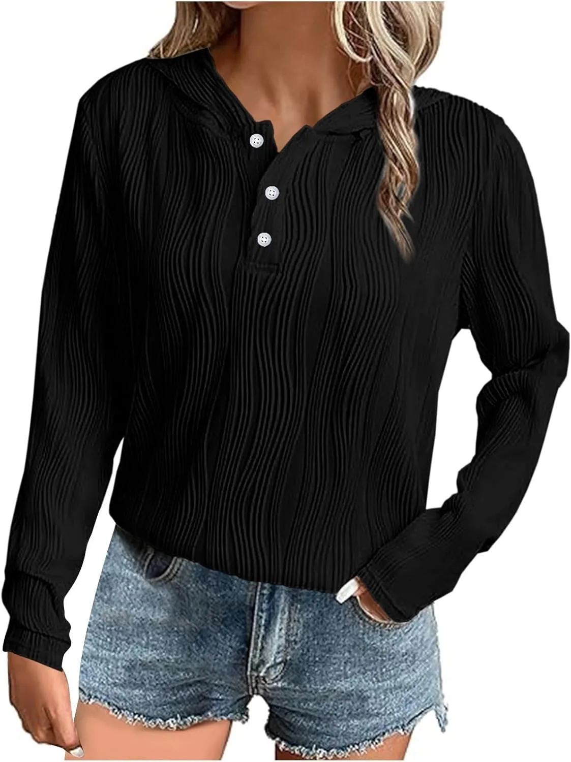 Women's Oversized Hoodies Casual Long Sleeve Button Collar Hooded Sweatshirts Fashion Solid Color Pullover Tops