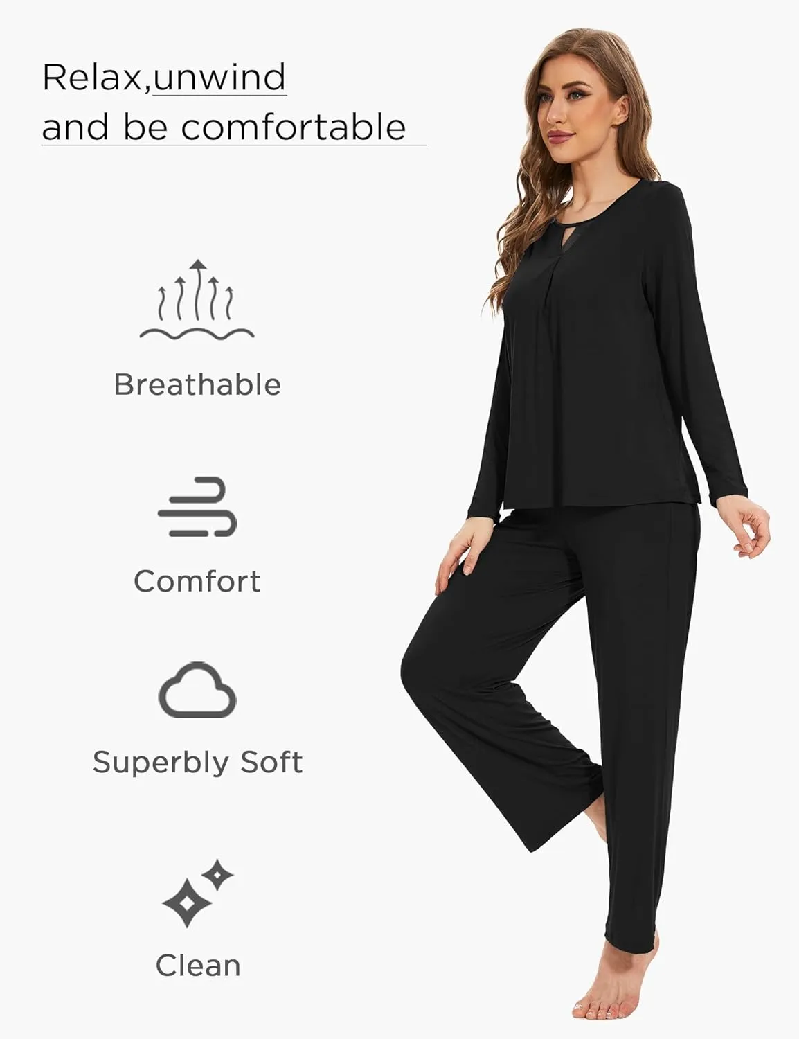 Women's Pajamas Set - Viscose Made from Bamboo, Long Sleeve Long Pants Sleepwear Soft Pjs Lounge Sets with Pockets