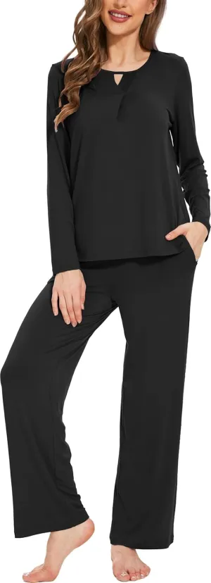 Women's Pajamas Set - Viscose Made from Bamboo, Long Sleeve Long Pants Sleepwear Soft Pjs Lounge Sets with Pockets