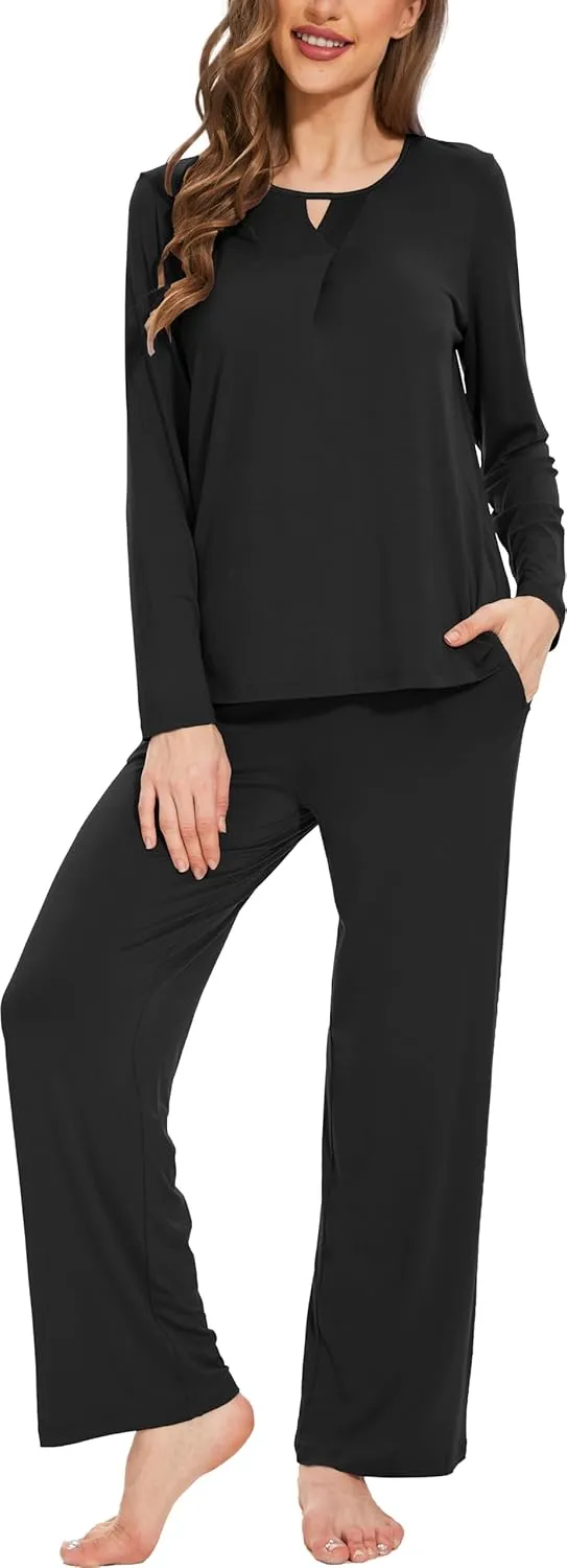Women's Pajamas Set - Viscose Made from Bamboo, Long Sleeve Long Pants Sleepwear Soft Pjs Lounge Sets with Pockets